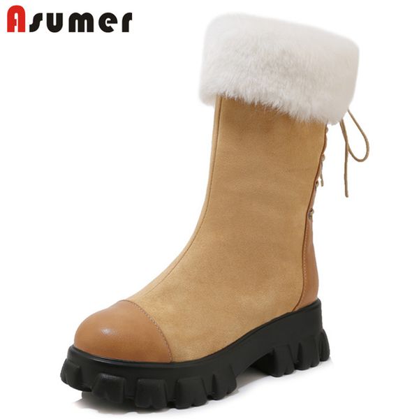 

asumer 2020 new arrival ankle boots women flock thick fur warm winter snow boots lace up square heels platform shoes woman, Black