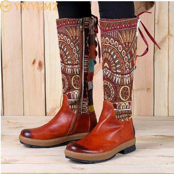 

new manual genuine leather boots women bohemia keep warm long boots knee high zipper bootie flat heel folkways splicing, Black