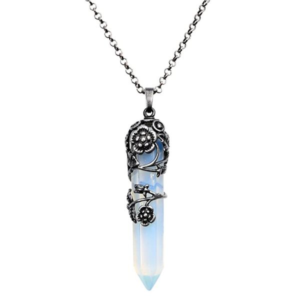 

10 pcs silver plated leaf flower wrap hexagon prism pendant link chain necklace many colors quartz stone jewelry