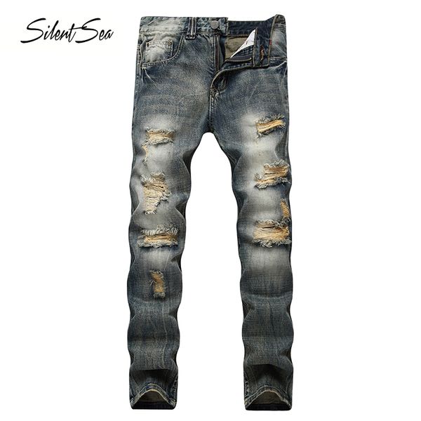 

silentsea men hole jeans casual destroyed hip hop male straight destroyed denim cotton rousers, Blue