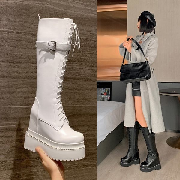 

pxelena 2020 plus size 34-41 buckle hidden wedge high heel platform knee high boots women genuine leather punk rock gothic boots, Black
