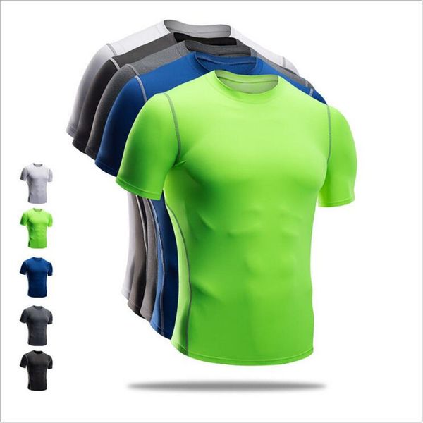 

2020 сжатие running shirt мужчины полиэстер плотно gym tops дышащий спорт футболки фитнес мужчины с коротким рукавом беговые топы, Black;blue