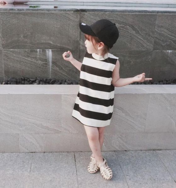

baby girls summer dress sleeveless solid color kids party dresses for girl striped cotton round neck dress children's clothing, Red;yellow