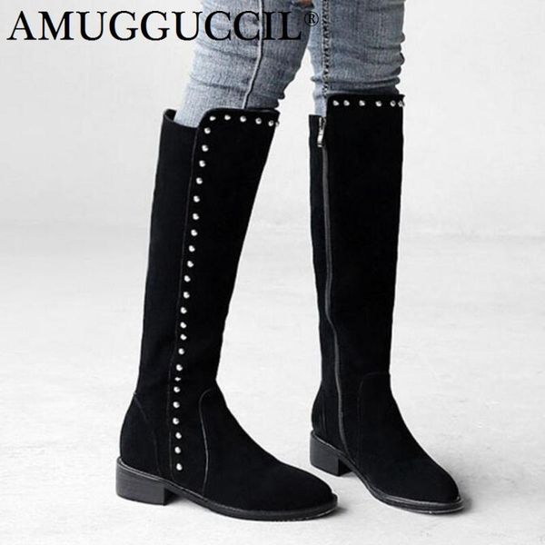 

cow suede black zip rivets fashion warm knee high autumn winter lady female womens boots x1683
