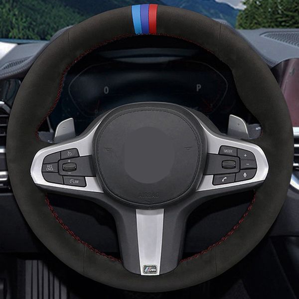 

car steering wheel cover black diy hand-stitched suede for bmw m sport g30 g31 g32 g20 g21 g14 x3 g15 g16 g01 x4 g02 x5 g05