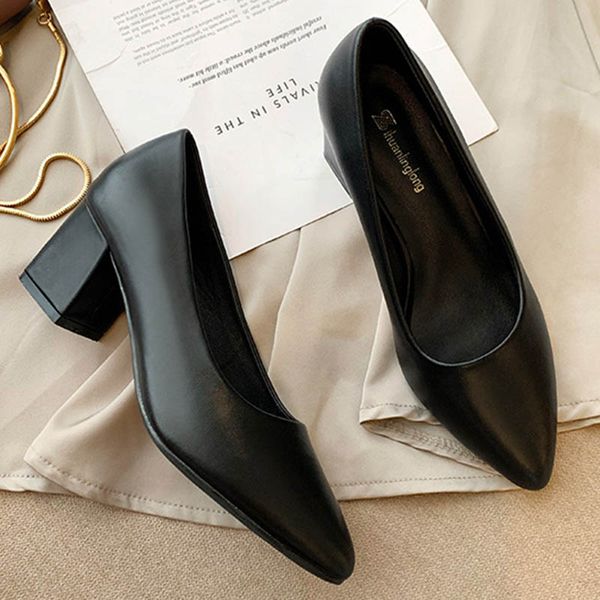 

dress shoes plus size 36-45 office women chunky high heels mature solid pointed toe microfiber leather pumps 2021, Black