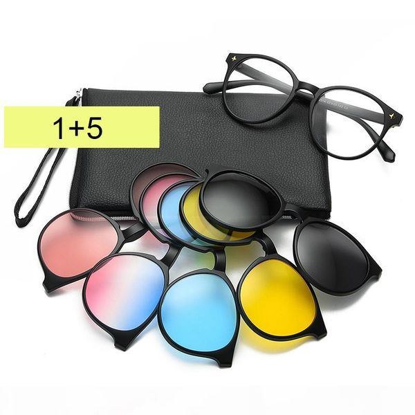 

new magnetic sunglasses men 5 + 1 sunglases polarized women clip on sunglasses round ultra-light night vision goggles sq003, Black