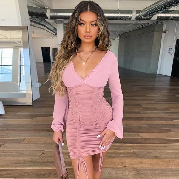 

deep v neck long sleeved womens bodycon dresses fashion ladies party dresses backless women dresses fungus drawstring slim solid color, Black;gray