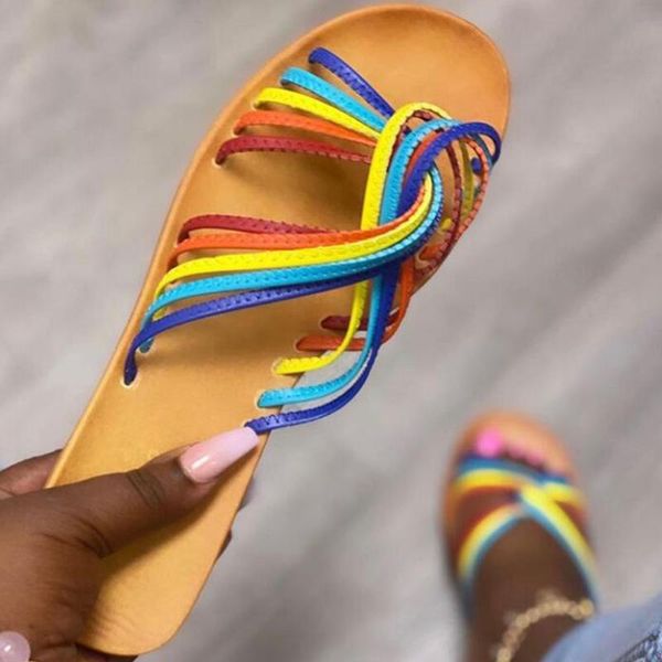 

2020 новая мода красочные полосатый плоский тапочки лета женщин sexy open toe слайды пляж сандалии открытый повседневный плоские туфли, Black