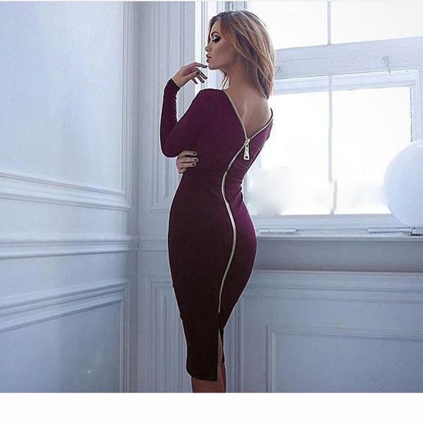 

women bodycon sheath dress little black long sleeve party dresses back full zipper robe femme pencil tight dress, Black;gray