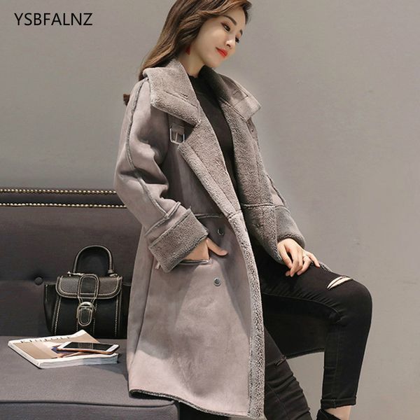 

korean womens suede fur winter jackets 2020 fashion zipper pocket thick artificial sheepskin long coats female warm windbreaker, Black