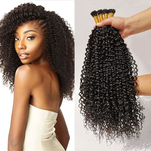 Dhgate I Tip Curly Hair Extensions Per I Capelli cutícula Alinhados cabelo encaracolado Kinky Hetero 100g / 100s Natural Black # 1B Off Negro Cor