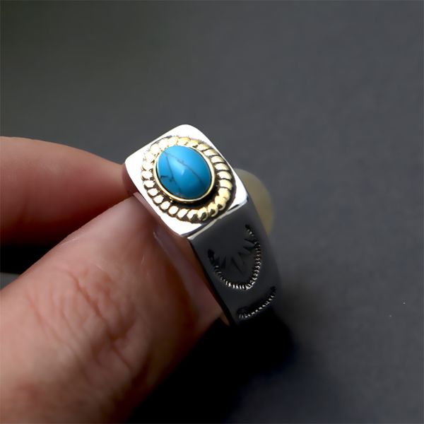 

factory wholesale s925 sterling silver ornament fashion thai silver polished simple inlaid turquoise wide ring