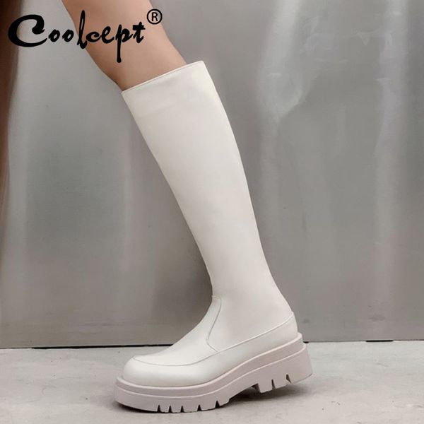 

coolcept size 33-43 women knee boots fashion platform zipper high heel winter shoes woman warm long boot lady casual footwear, Black