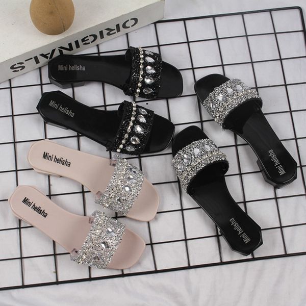 

swonco luxury rhinestone slipper women summer shoes thick heel 2020 sumemr new female black casual slides comfortable shoe
