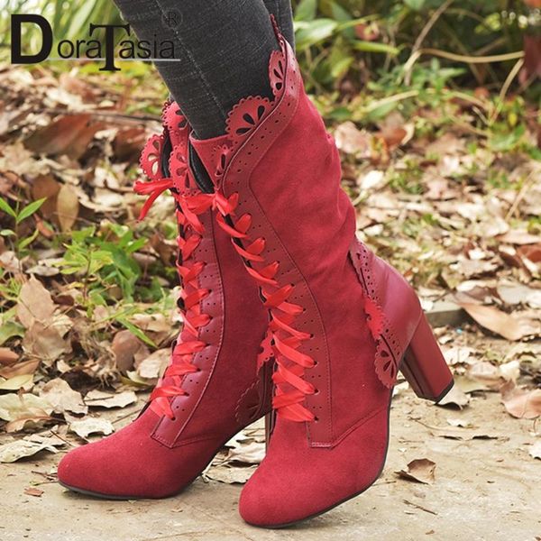 

boots doratasia retro girl round toe lace up high heels winter handmade brand women party wedding shoes woman, Black