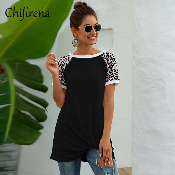 

chifirena leopard patchwork casual women t shirts summer black green front twist knot tunic o-neck slim pullover tee shirts, White