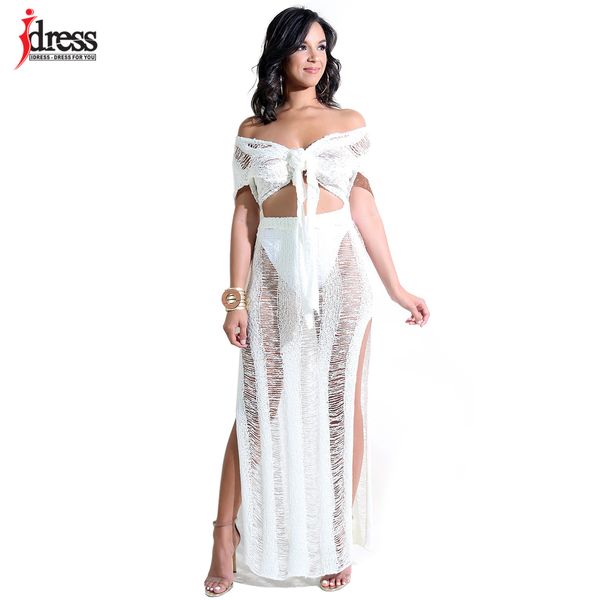 

idress women knit two piece set hollow out v neck short sleeve front tie crop high slit maxi skirt holiday club outfit, White