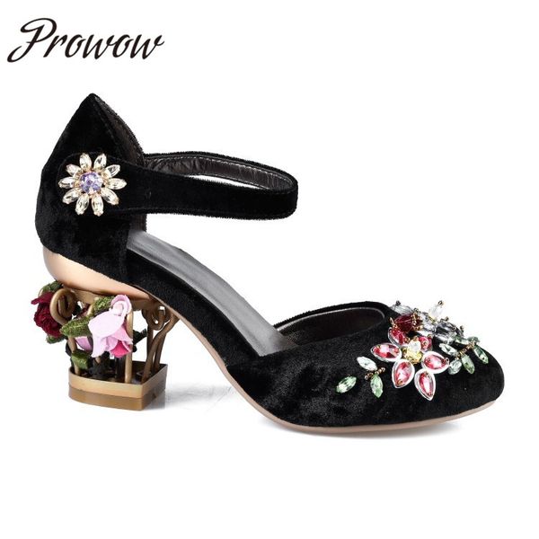 

new velvet spring velvet crystal jewel floral pumps ross caged heel heavierl layerd bride pumps, Black