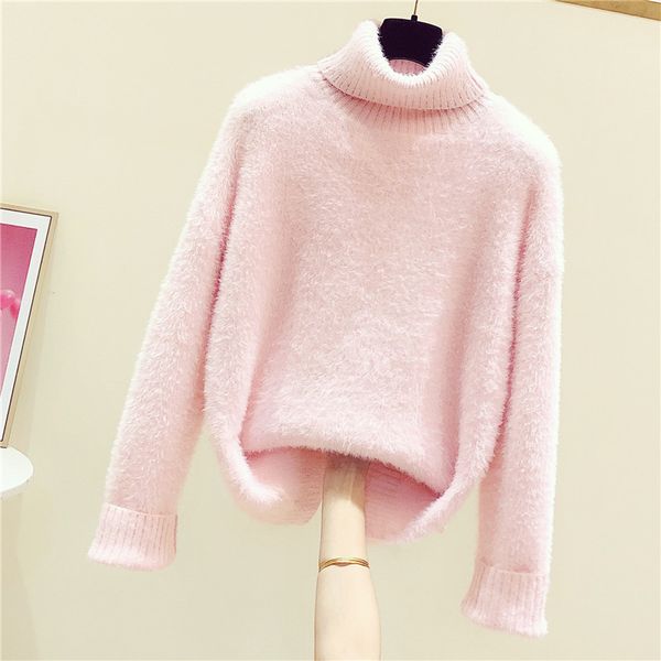 

2020 new autumn winter women pink pullovers high-necked solid color long sleeve mink cashmere sweaters casual loose, White;black