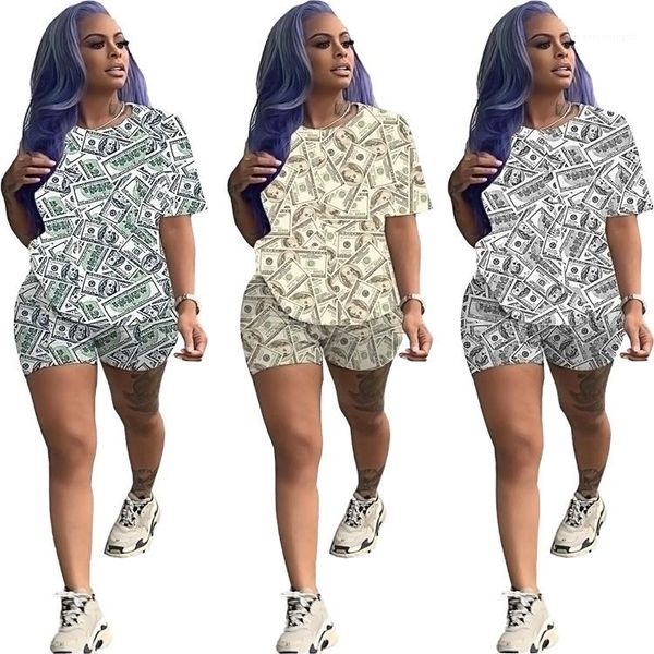 

designer tracksuits womens clothing 2 piece set summer short sleeve shorts women two piece outfit dollar print, Gray