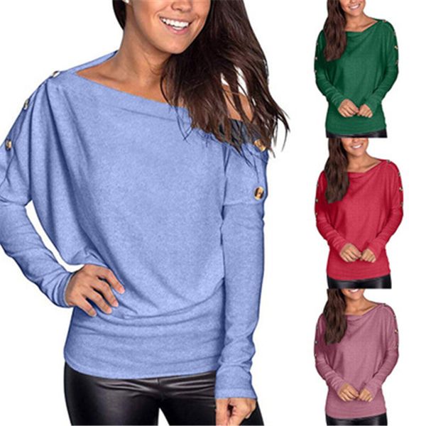 

laides boat collar t-shirts summer fashion trend casual one shoulder long sleeve tees designer female buttons loose, White