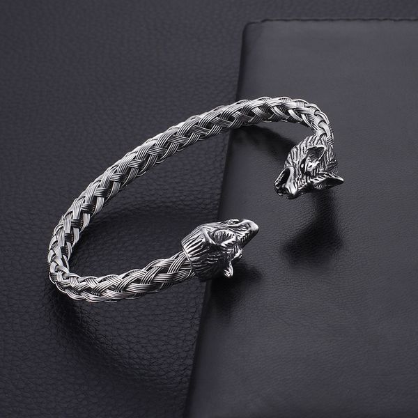 

new wolf head stainless steel skull open men's bracelet punk bracelet, Black