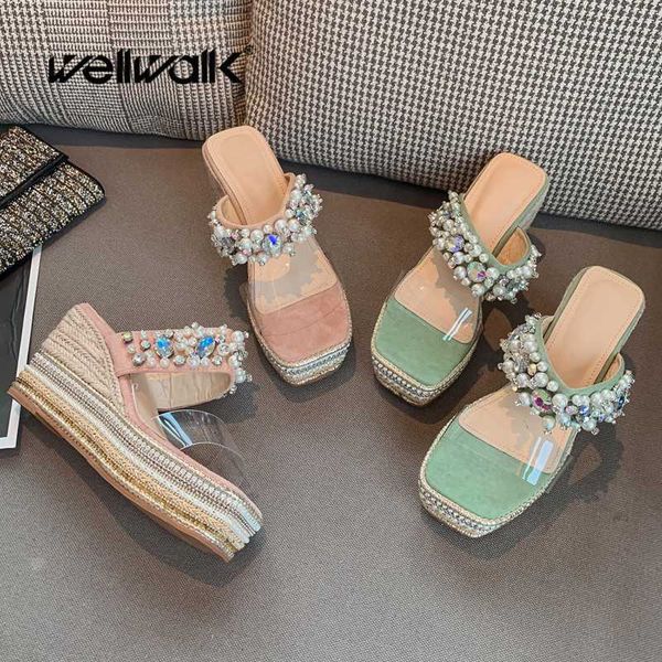 

pearl straps high heel slippers women fashion wedge shoes square toe ladies summer espadrilles slides rhinestone edge shoe woman, Black