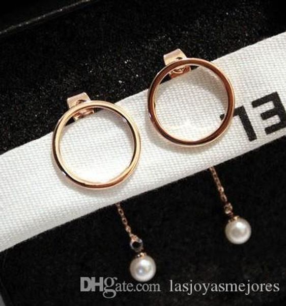 

18k rose gold fashion designer geometry circle pendant white pearl drop stud earrings for stylish woman girls dangle chandelier, Golden;silver