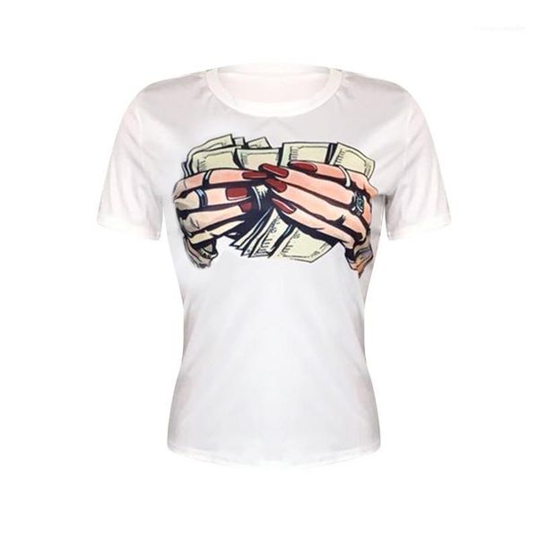 

sleeve solid color o neck tees new women summer dollar pattern women tshirt casual short, White