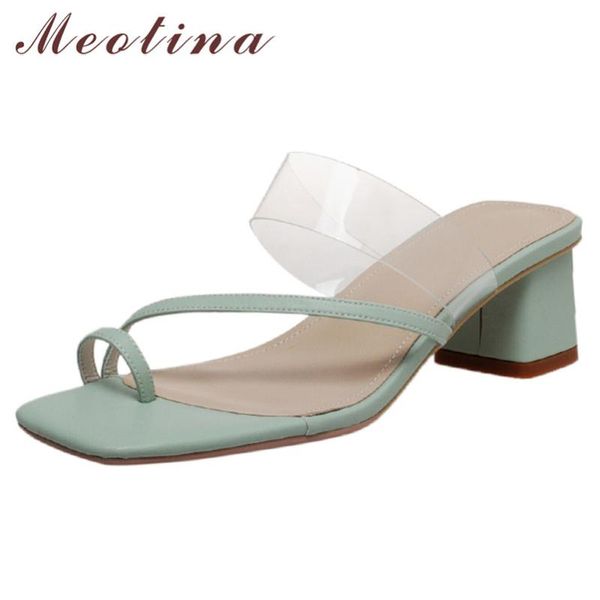 

meotina transparent genuine leather mid heel slippers flip flops square toe ladies slides block heel women sandals summer green, Black
