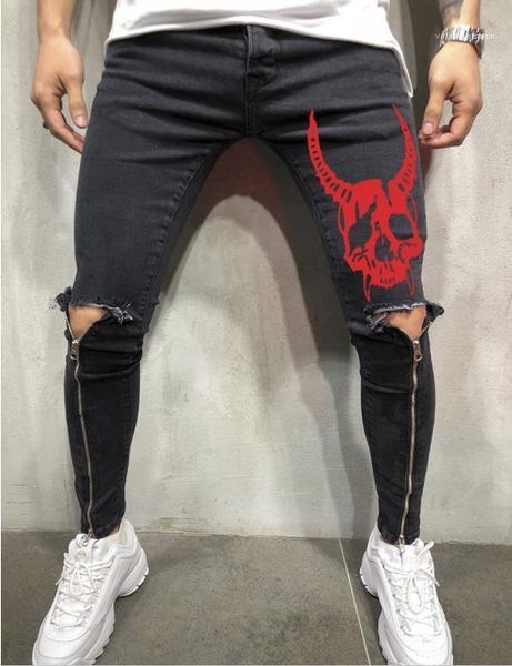 

holes biker skateboard sports pencil pants pantalones mens skull designer jeans leg zipper, Blue