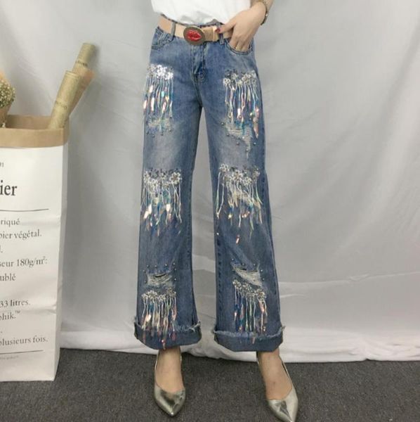 

vintage wide leg jeans sequined tassel loose washed denim pants 2020 irregular women hole jean ripped, Blue
