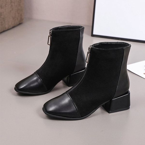 

boots women ankle ladies suede zip square-toe pu med heel shoes women's pumps elegant female 2021 high quality, Black