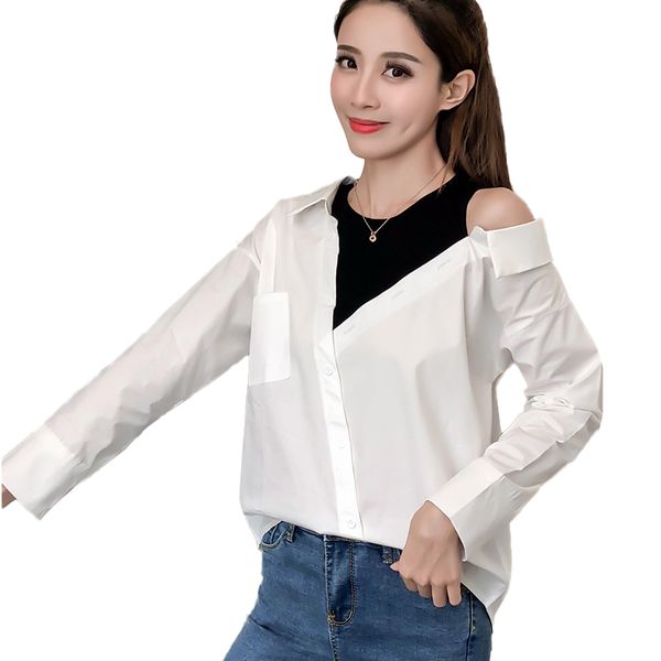 

fake two piece patchwork blouse autumn open shoulder long sleeve womens blouses korean shirt 2020 irregular white blusas