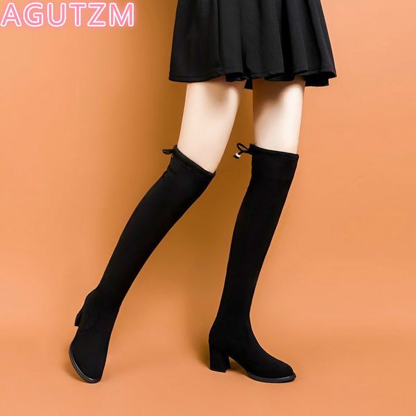 

2020 new women stretch boots lace up thick heel winter shoes woman over knee boot casual daily lady office footwear size 34-41, Black