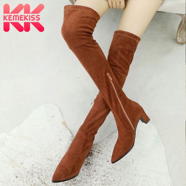 

boots kemekiss elastic bootie women plus size 32-48 fur winter suede slip on thick heel sheos fahsion outdoor mujer zapato, Black