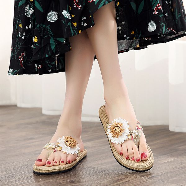 

2020 summer women slippers outside wear all match flats sandals sweet flowers beach shoes pearls rhinestones womens flip flops, Black