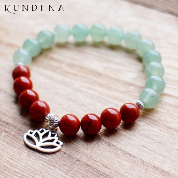 

8mm aventurine and red j-asper mala bracelet with a lotus pendant healing stone yoga lotus wrist stone beaded bracelet, Golden;silver