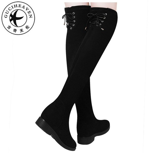 

guciheaven over the knee boots for women height increasing high heels pumps winter warm plush microfiber lace up fashion shoes, Black
