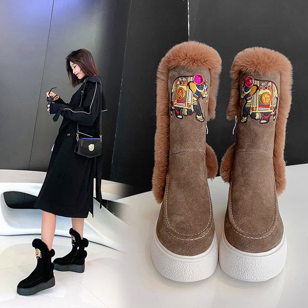 

bottes femme 2020 new winter shoes women's snow boots cow suede embroidery ankle boots women's shoes zapatos mujer, Black
