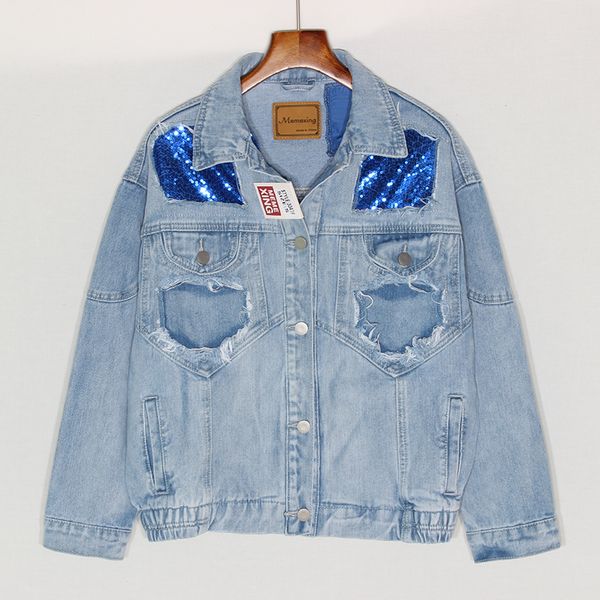 

2020 autumn harajuku washed sequins patch hole denim jacket chaqueta mujer loose casual spring jeans jacket women streetwear new, Black;brown