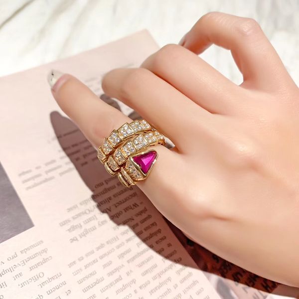 

2020 luxurious quality s925 silver snake ring with diamond in 18 rose gold plated fuchsia color diamond women charm jewelry gift ps6450