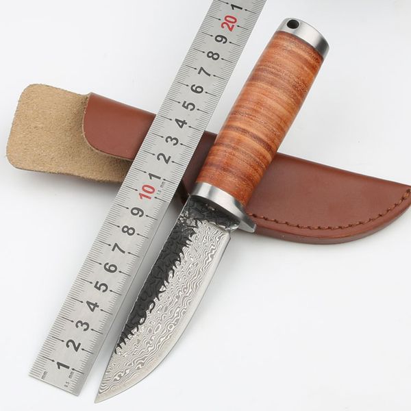 1 Stück neues, handgefertigtes Outdoor-Survival-Jagdmesser mit Musterstahl, Drop-Point-Klinge aus Stahl + Ledergriff mit Lederscheide