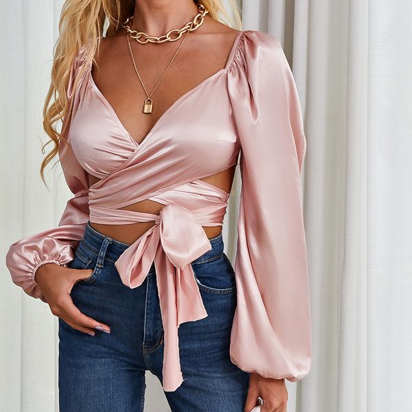 

one pink colour women's & tees long sleeve v neck bandage fashion t-shirt lady and girl's autumn new lap, White