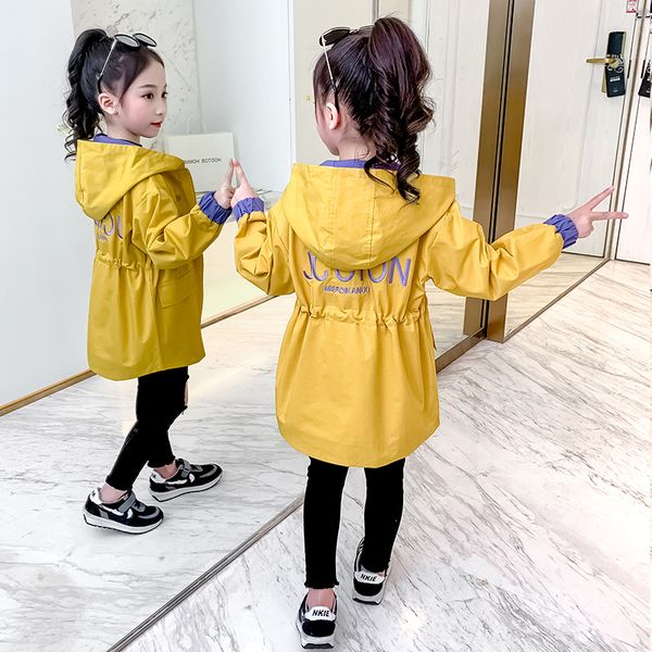 

kids clothes girls coats wind coat autumn hooded outers children school girls medium length overcoats waist drawstring windbreak, Blue;gray