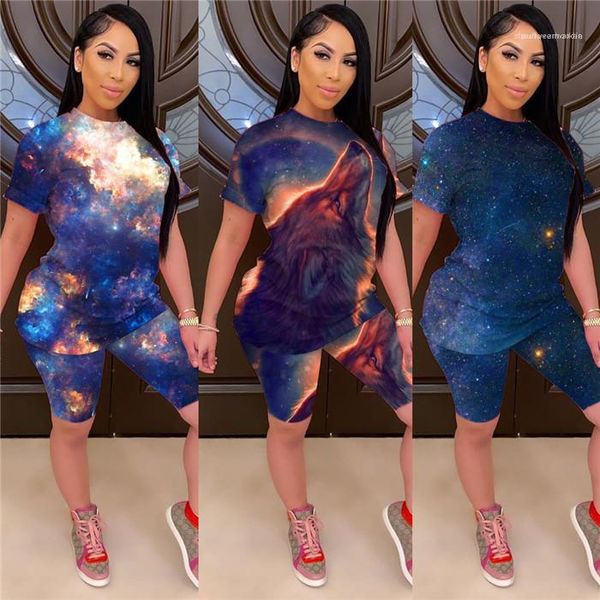 

shorts famale two piece suit women starry sky tracksuit 3d print summer casual short sleeve tshirt loose, Gray