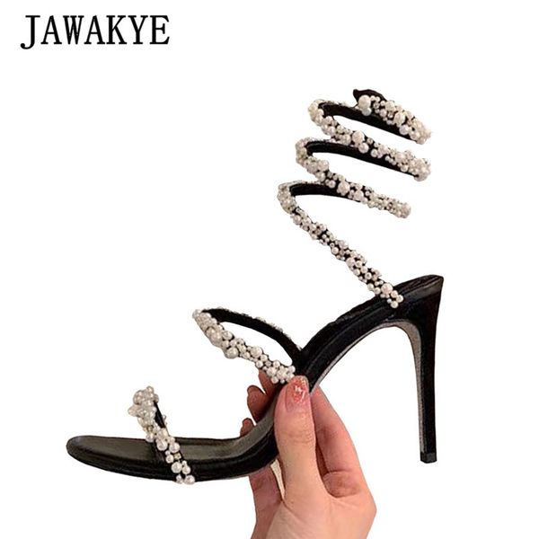 

pearl studded women sandals snake shape ankle strappy high heel party wedding shoes open toe narrow band runway shoes woman, Black