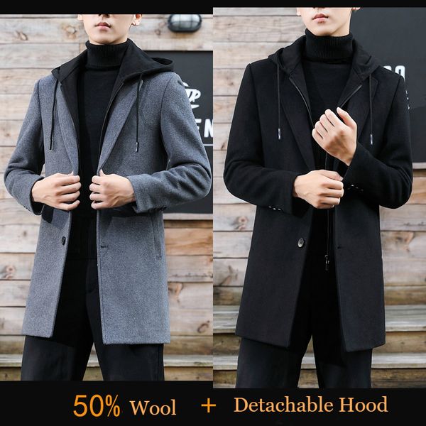 

mens woolen coat detachable hood long sleeve korean style trendy windbreaker casual slim jacket men wool blend coat oversize 4xl, Black