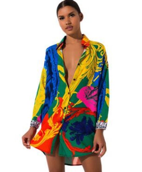 Nova moda feminina camisa vestido de manga longa vestidos designer colorido pintado uma peça roupas por atacado 685
